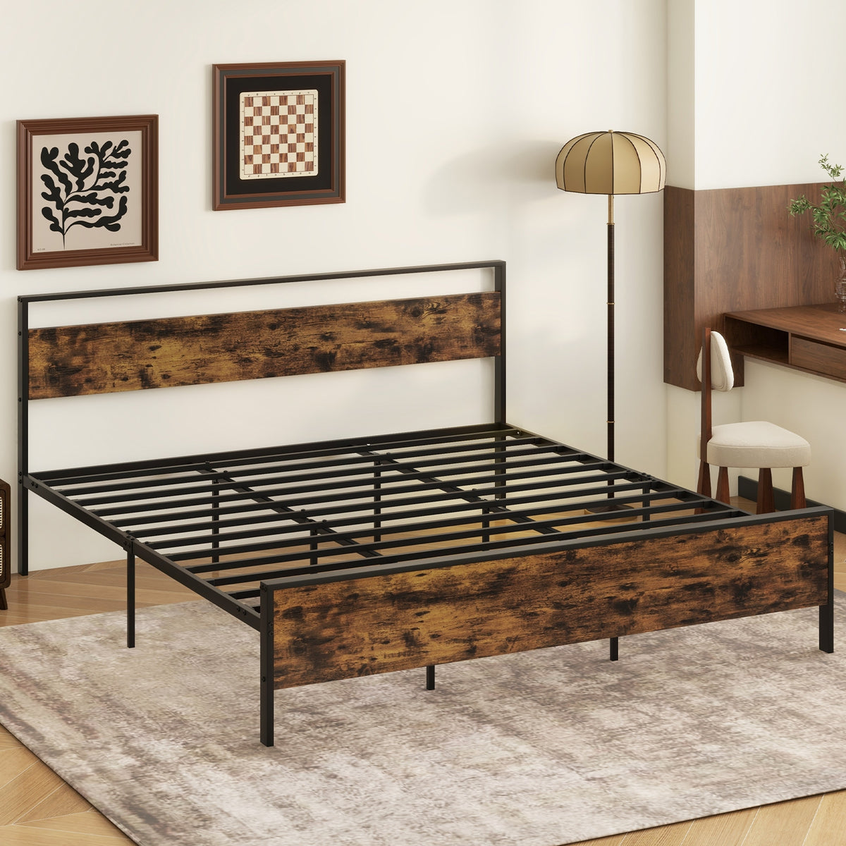 King Metal Bed Frame Industrial Platform Bed with Wooden Headboard-King Size-Simple Bed Frame-DECOROLALA