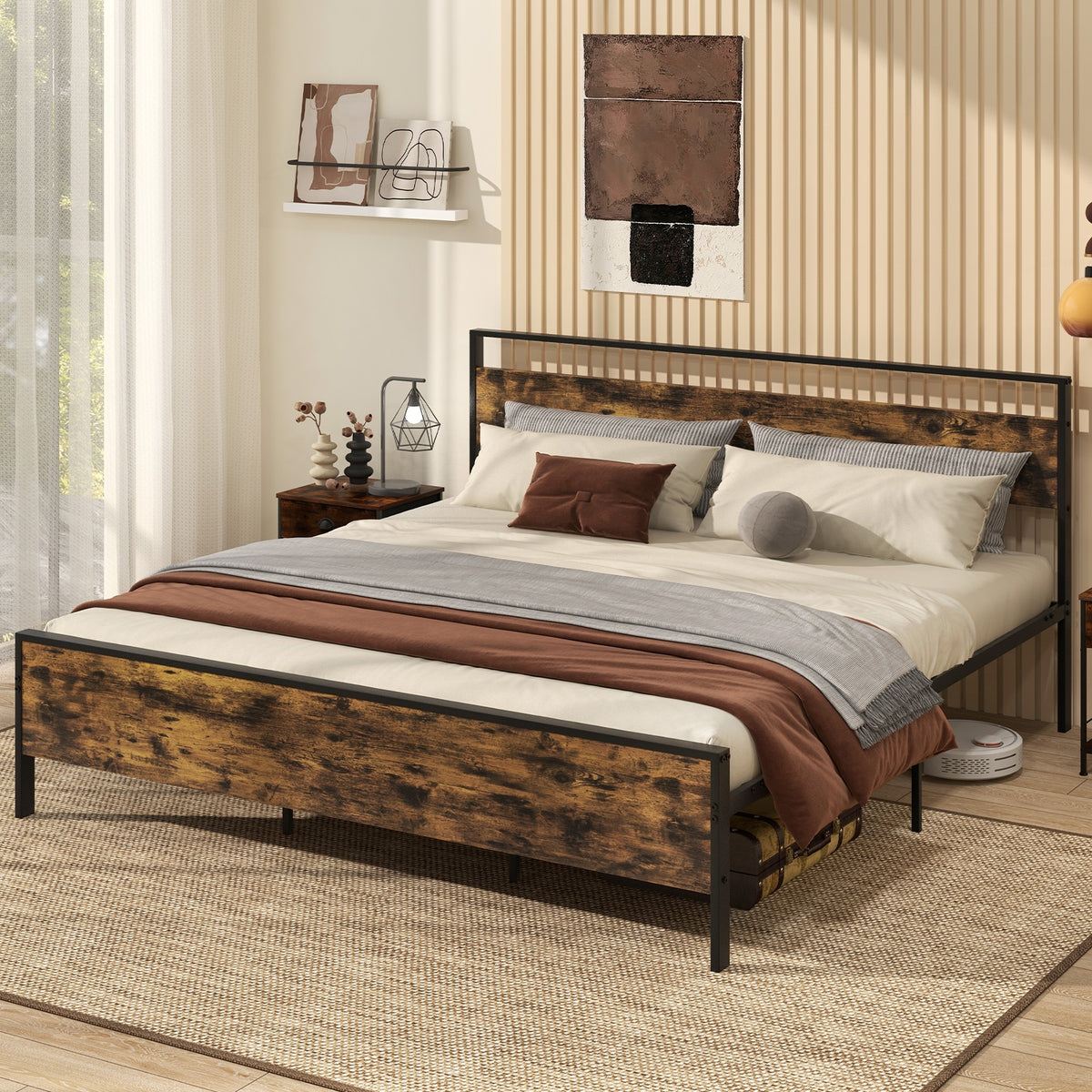 King Metal Bed Frame Industrial Platform Bed with Wooden Headboard-King Size-Simple Bed Frame-DECOROLALA