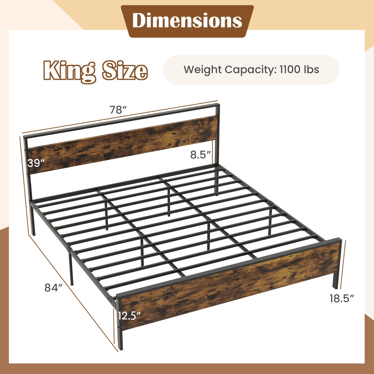 King Metal Bed Frame Industrial Platform Bed with Wooden Headboard-King Size-Simple Bed Frame-DECOROLALA