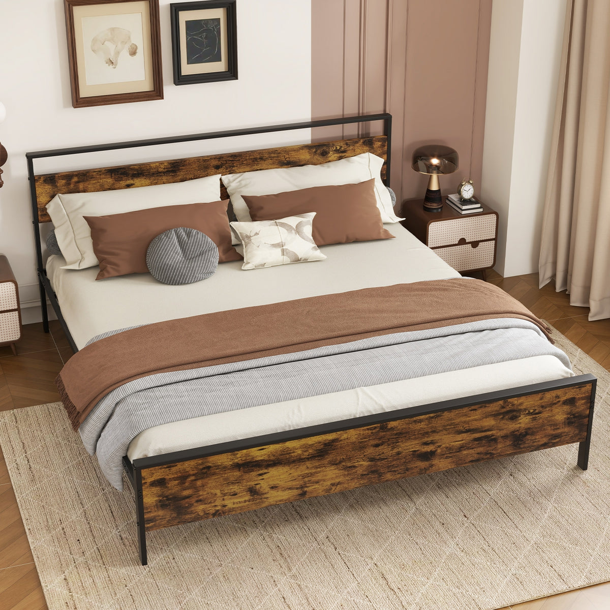King Metal Bed Frame Industrial Platform Bed with Wooden Headboard-King Size-Simple Bed Frame-DECOROLALA