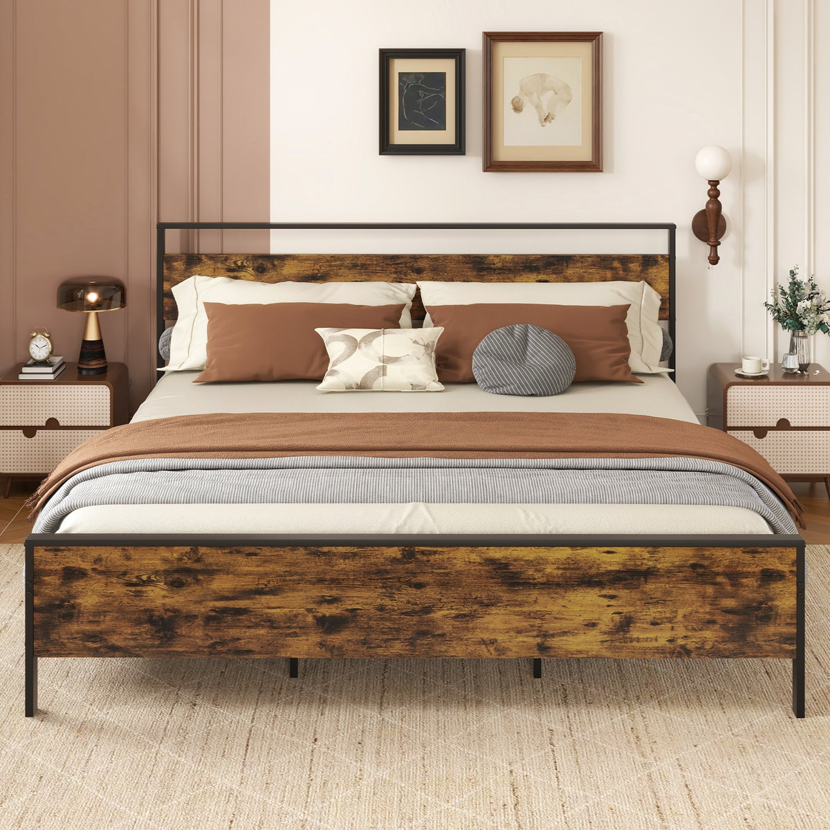 King Metal Bed Frame Industrial Platform Bed with Wooden Headboard-King Size-Simple Bed Frame-DECOROLALA