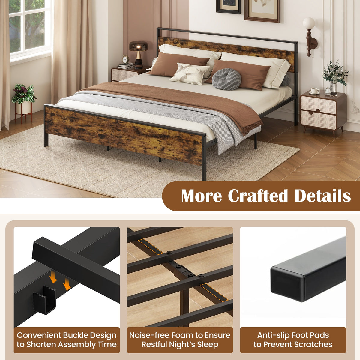 King Metal Bed Frame Industrial Platform Bed with Wooden Headboard-King Size-Simple Bed Frame-DECOROLALA
