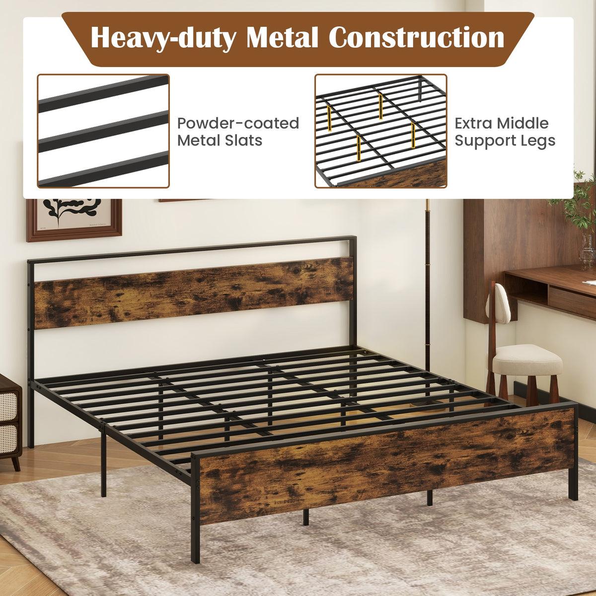 King Metal Bed Frame Industrial Platform Bed with Wooden Headboard-King Size-Simple Bed Frame-DECOROLALA