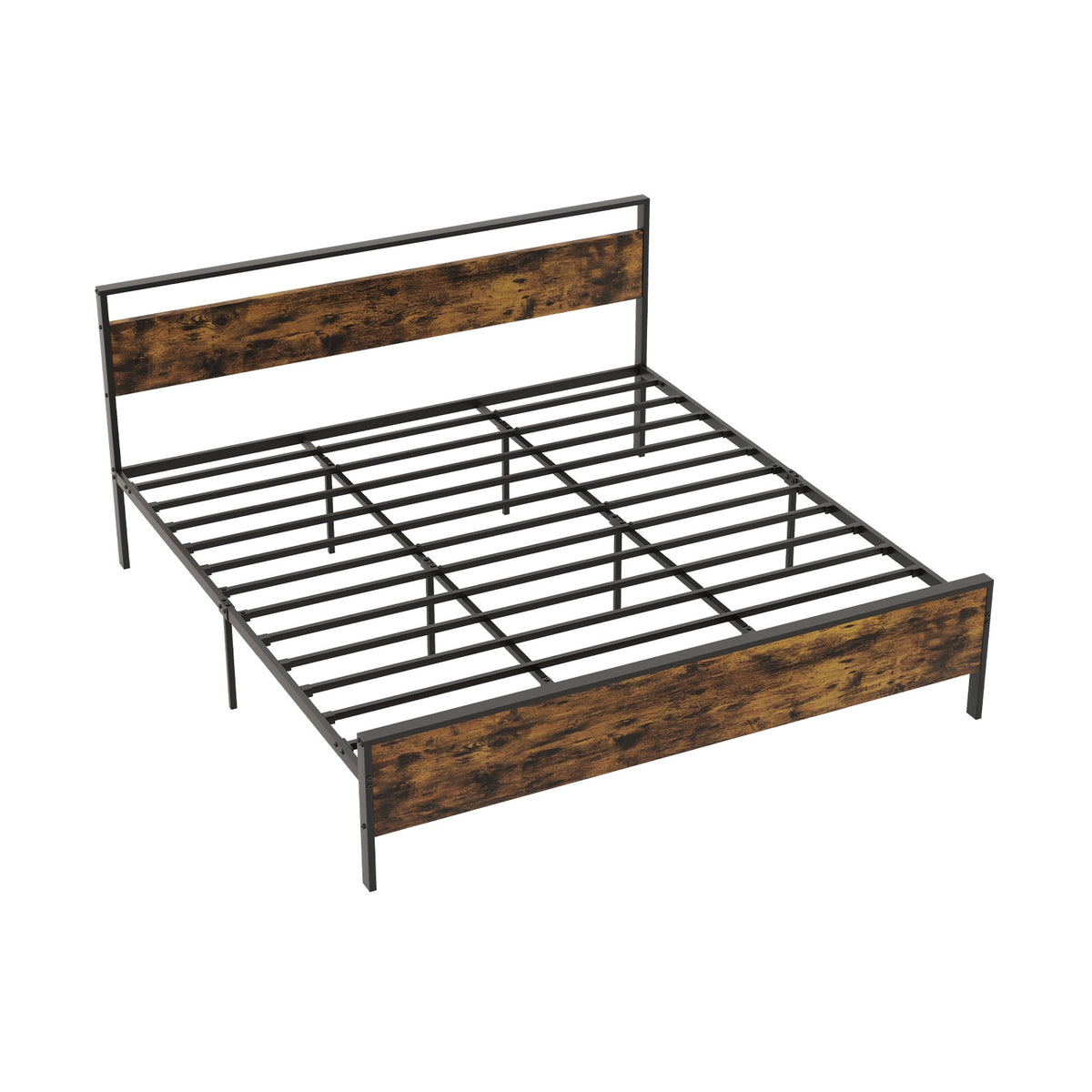 King Metal Bed Frame Industrial Platform Bed with Wooden Headboard-King Size-Simple Bed Frame-DECOROLALA