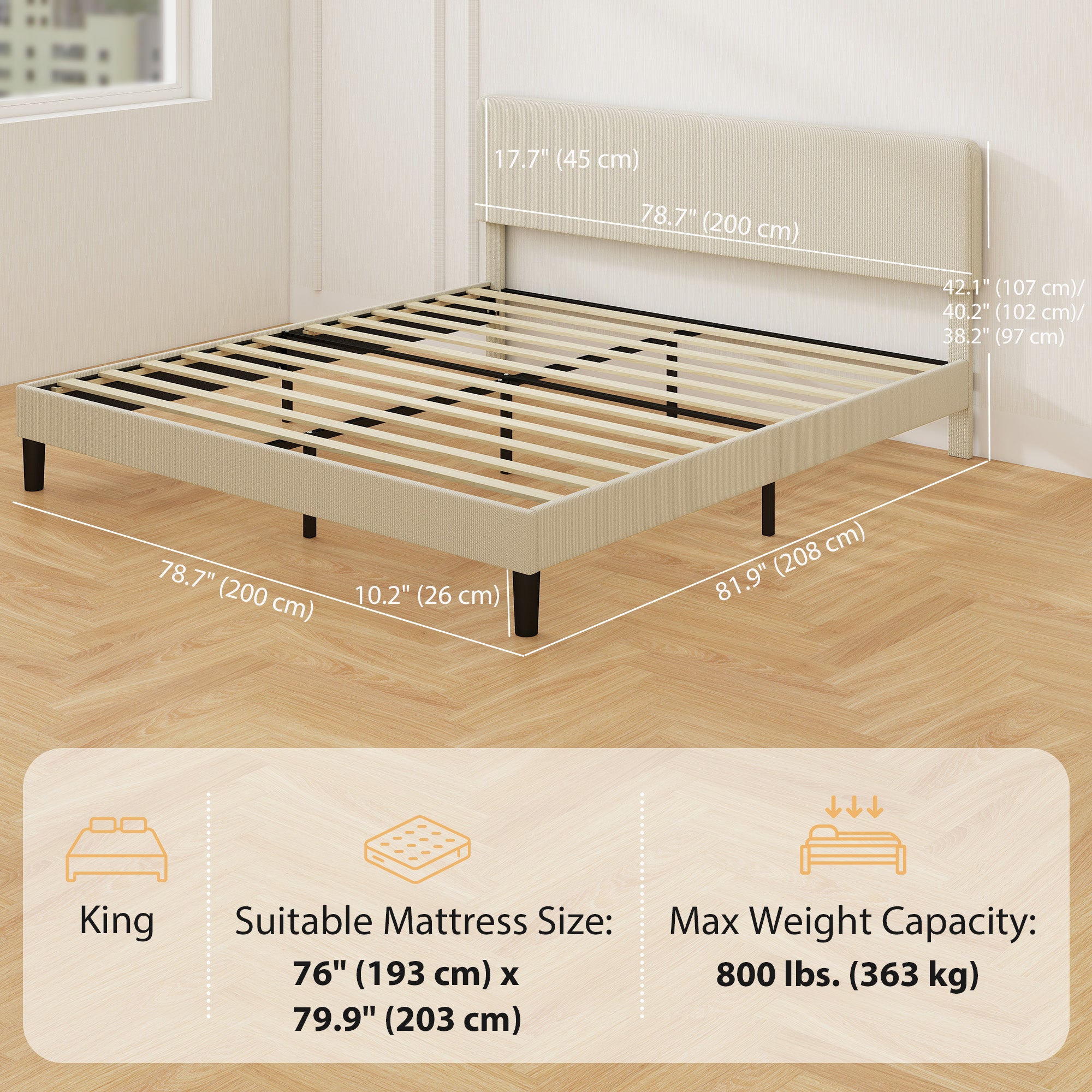 King Size Adjustable Upholstered Headboard Bed Frame - Light Grey, Noise Free-DECOROLALA