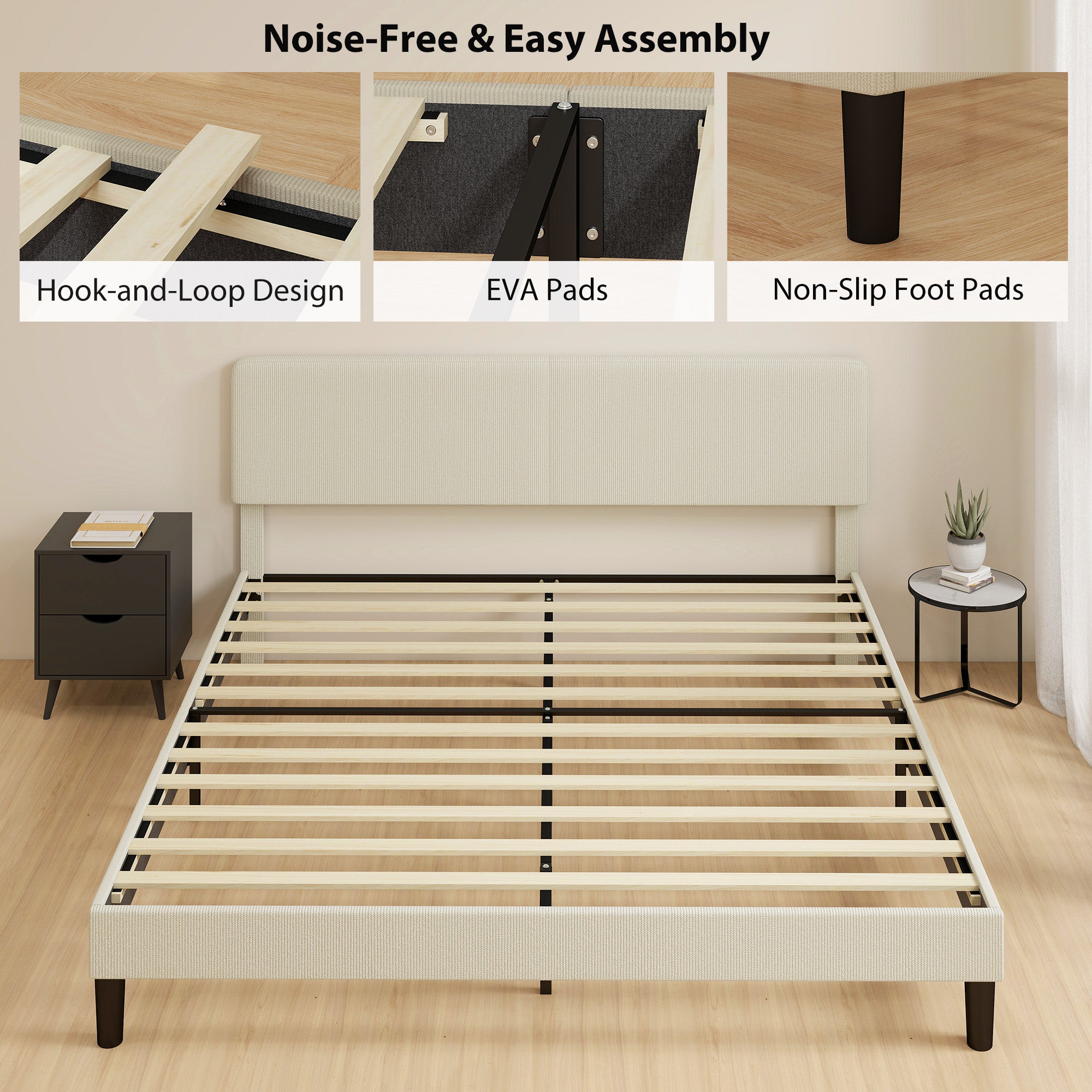 King Size Adjustable Upholstered Headboard Bed Frame - Light Grey, Noise Free-DECOROLALA