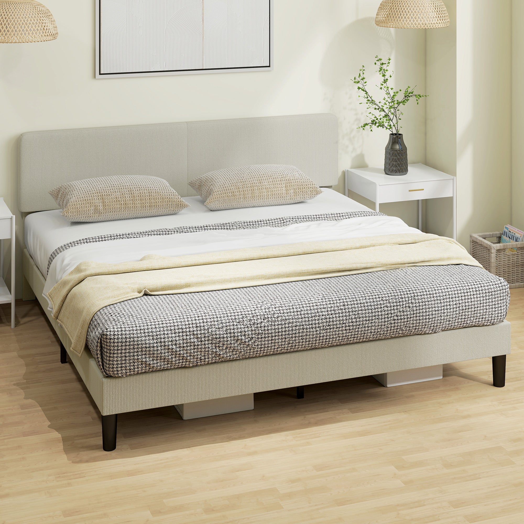 King Size Adjustable Upholstered Headboard Bed Frame - Light Grey, Noise Free-DECOROLALA