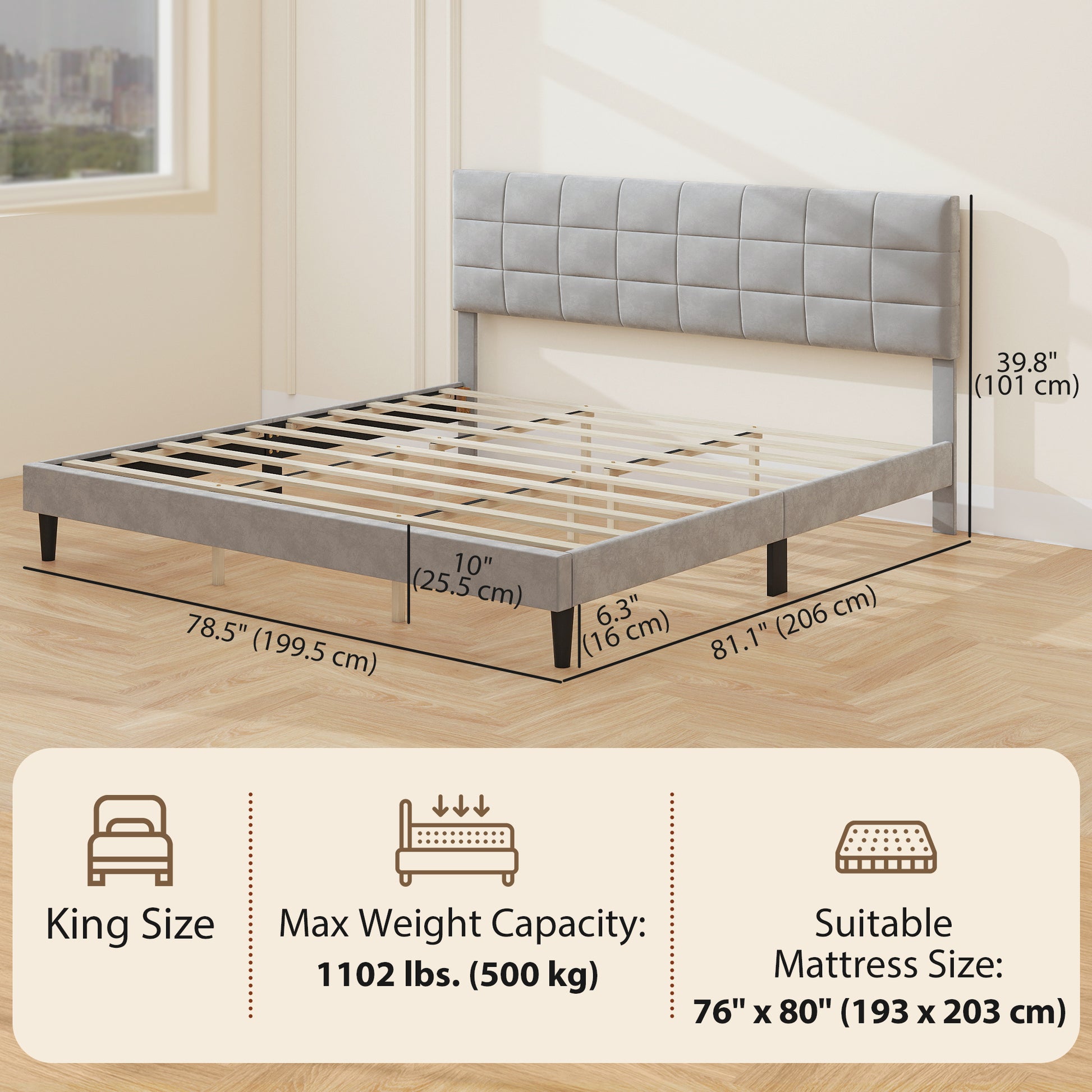 King Size Bed Frame Grey, Upholstered Headboard, 1100 lbs Capacity-DECOROLALA