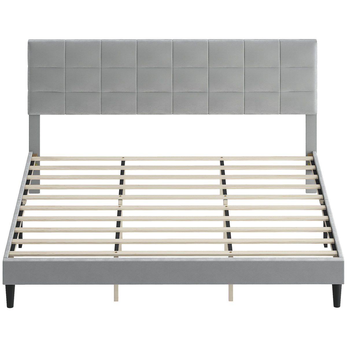 King Size Bed Frame Grey, Upholstered Headboard, 1100 lbs Capacity-DECOROLALA