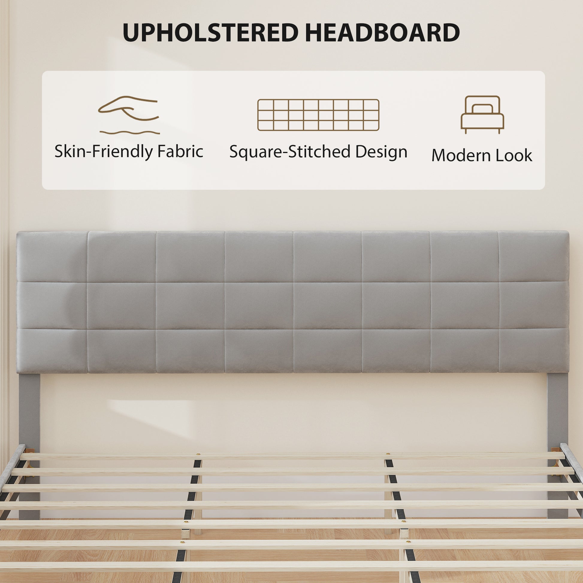 King Size Bed Frame Grey, Upholstered Headboard, 1100 lbs Capacity-DECOROLALA