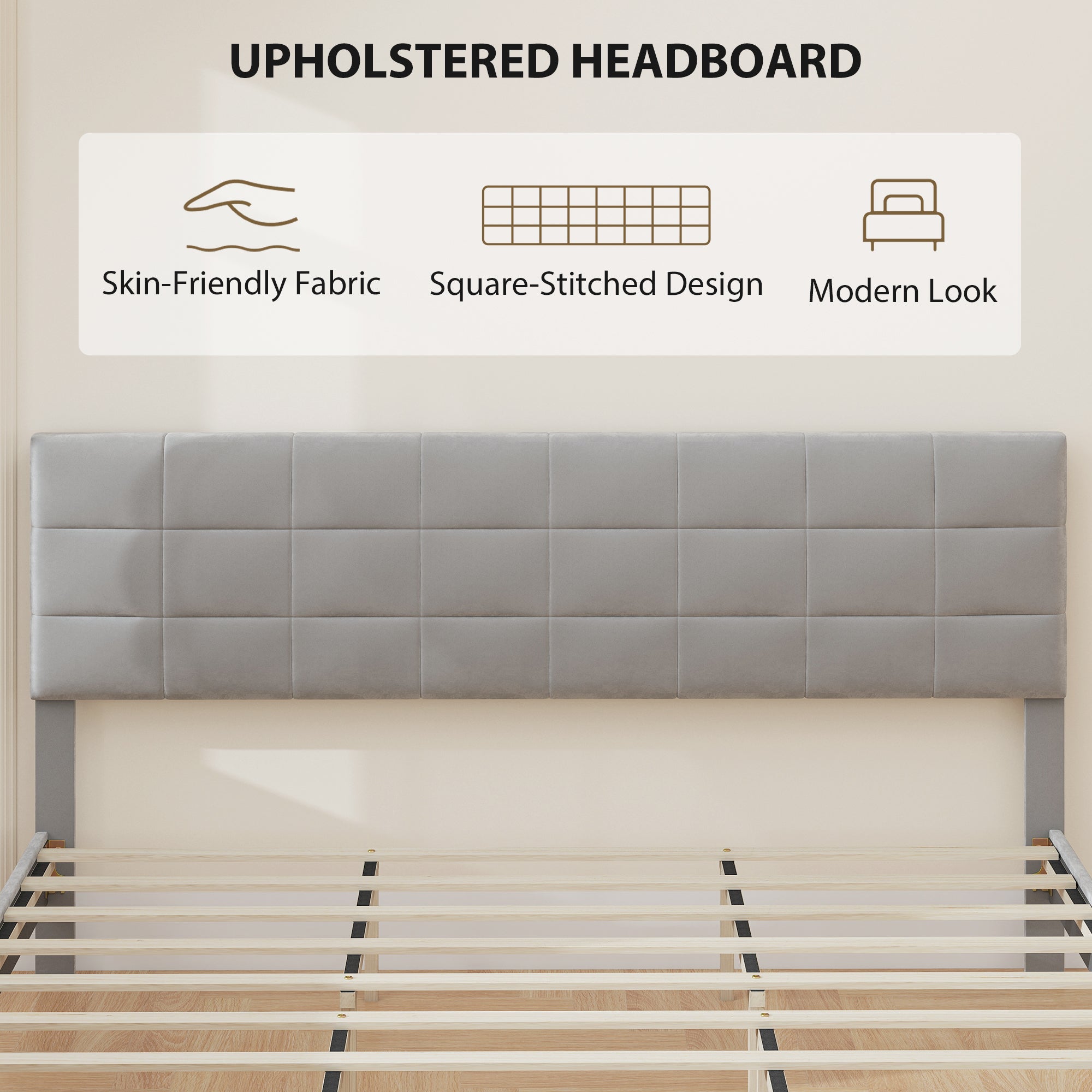 King Size Bed Frame Grey, Upholstered Headboard, 1100 lbs Capacity-DECOROLALA