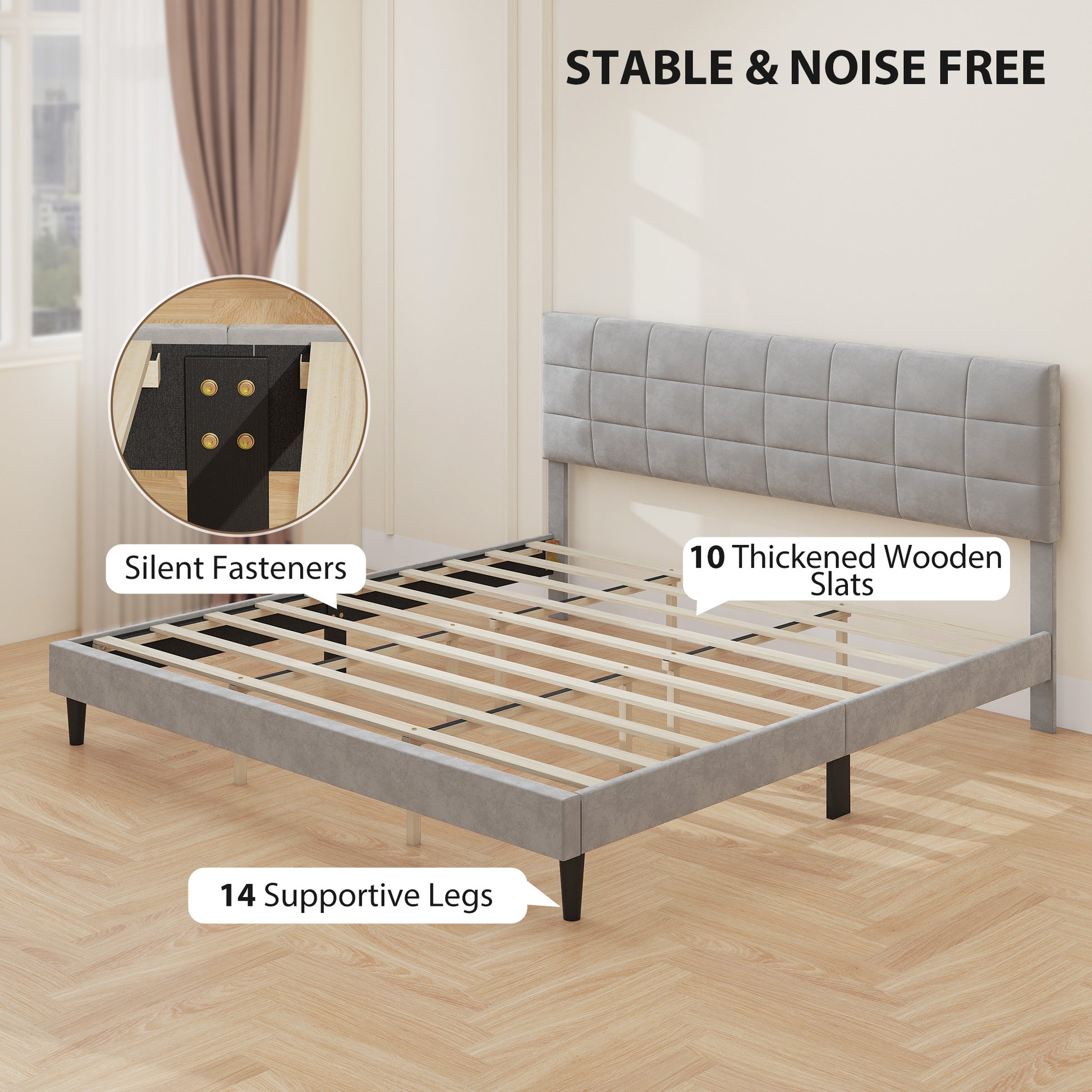 King Size Bed Frame Grey, Upholstered Headboard, 1100 lbs Capacity-DECOROLALA