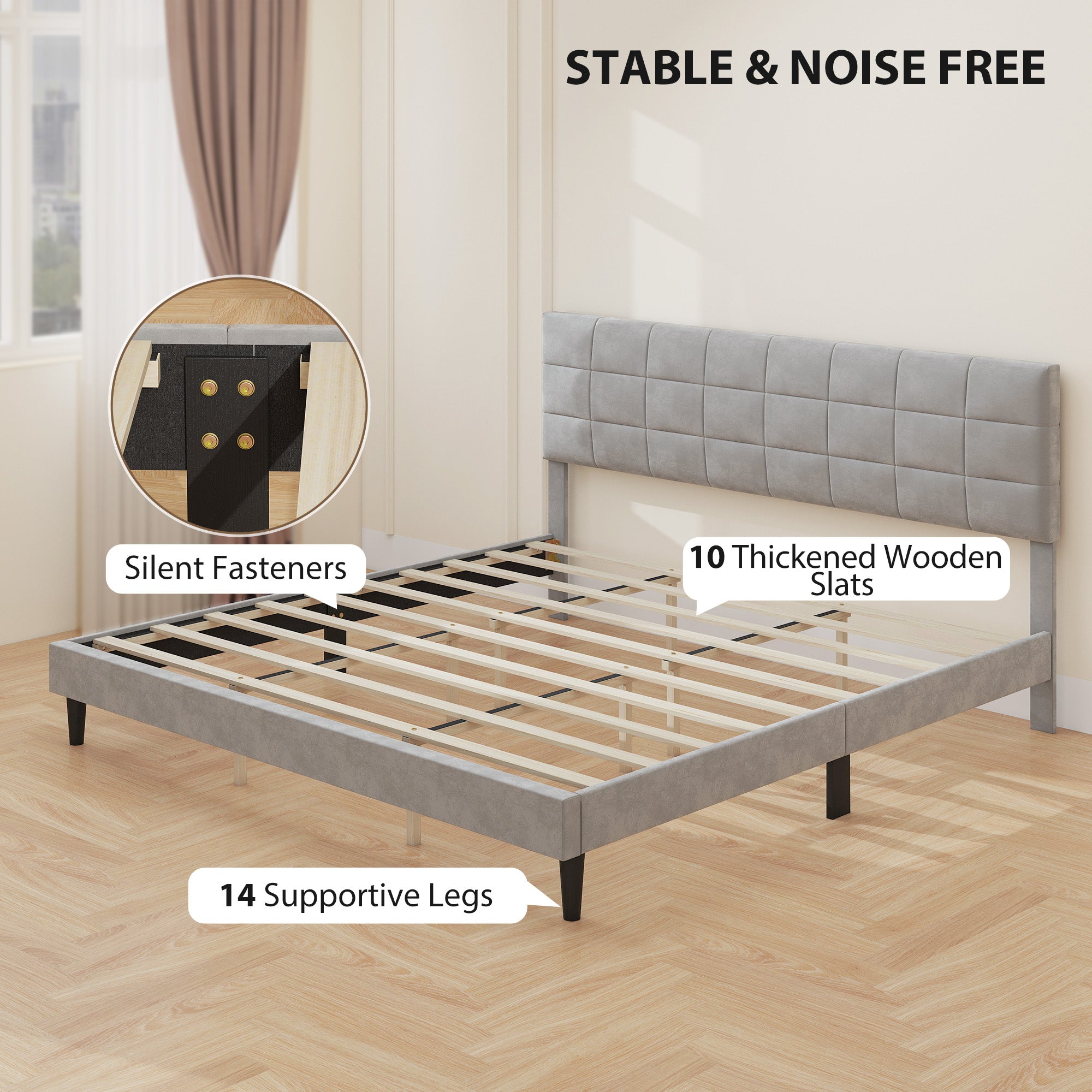 King Size Bed Frame Grey, Upholstered Headboard, 1100 lbs Capacity-DECOROLALA