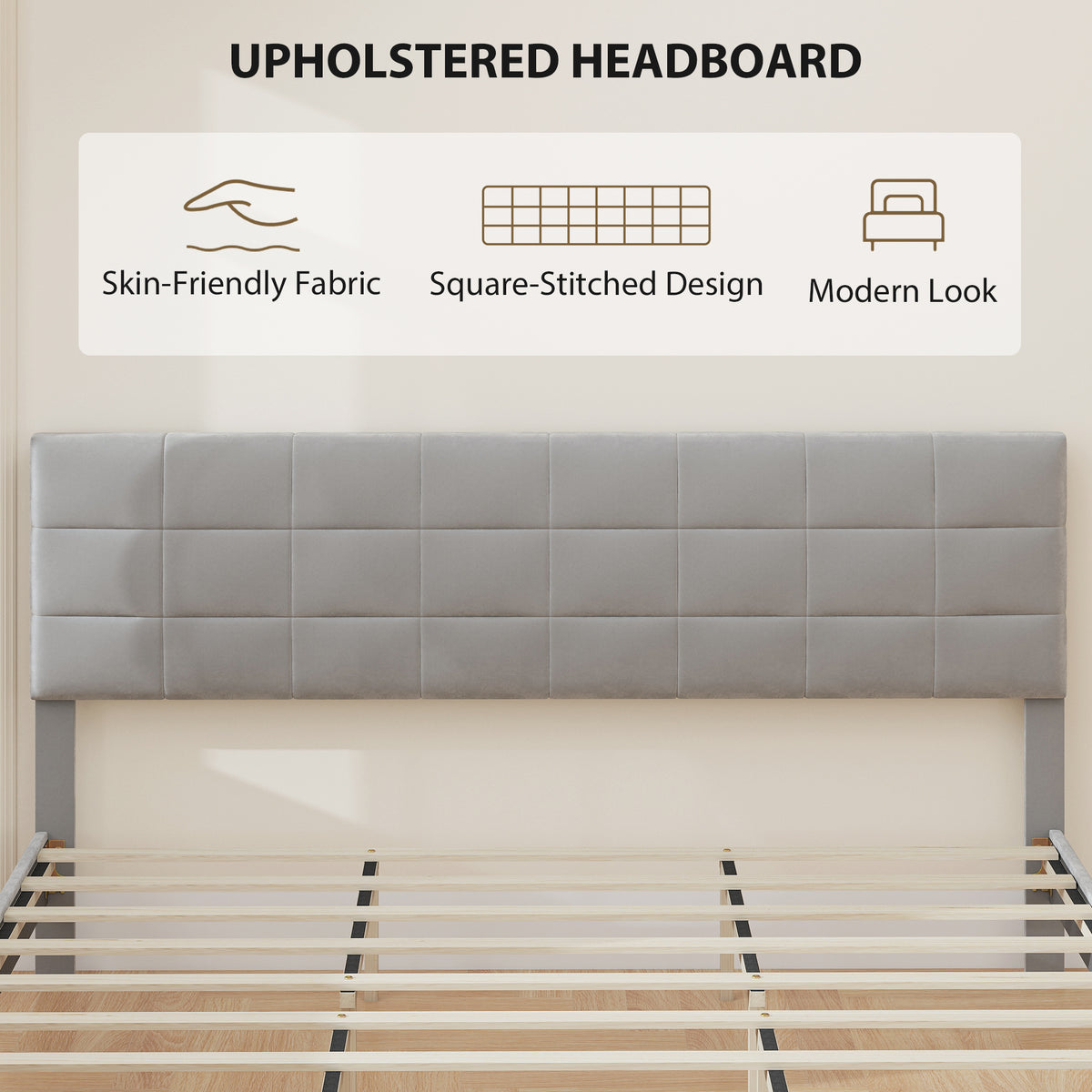 King Size Bed Frame Grey, Upholstered Headboard, 1100 lbs Capacity-DECOROLALA
