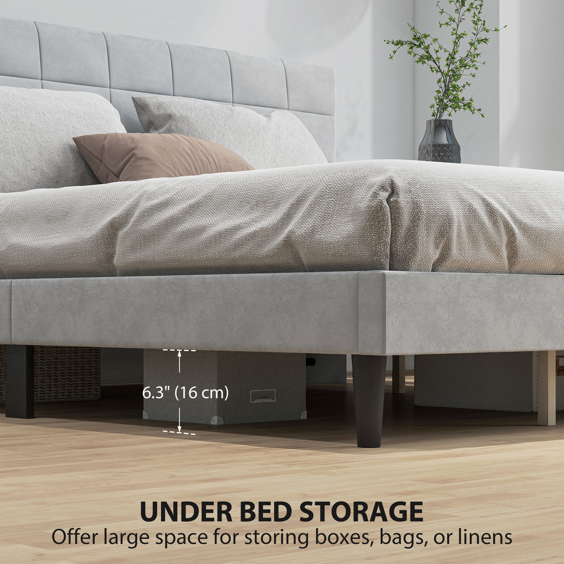 King Size Bed Frame Grey, Upholstered Headboard, 1100 lbs Capacity-DECOROLALA