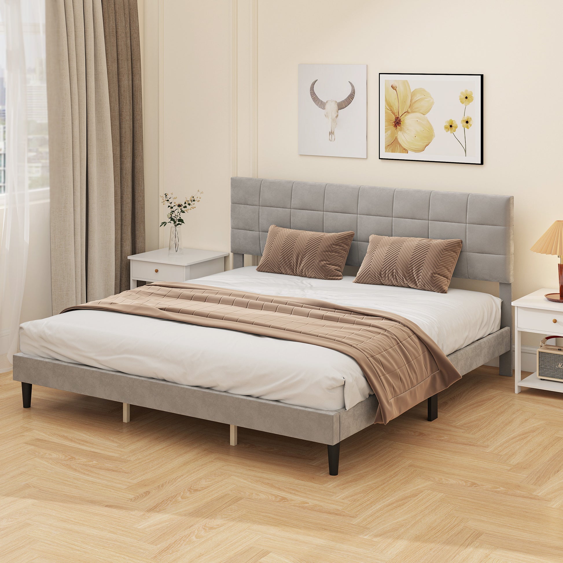 King Size Bed Frame Grey, Upholstered Headboard, 1100 lbs Capacity-DECOROLALA
