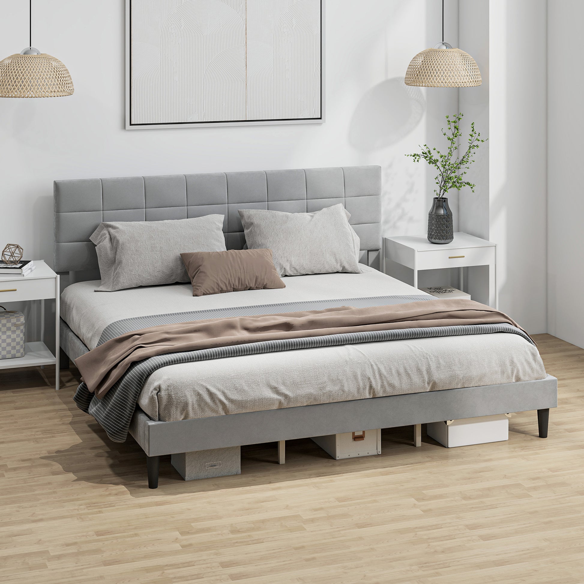 King Size Bed Frame Grey, Upholstered Headboard, 1100 lbs Capacity-DECOROLALA
