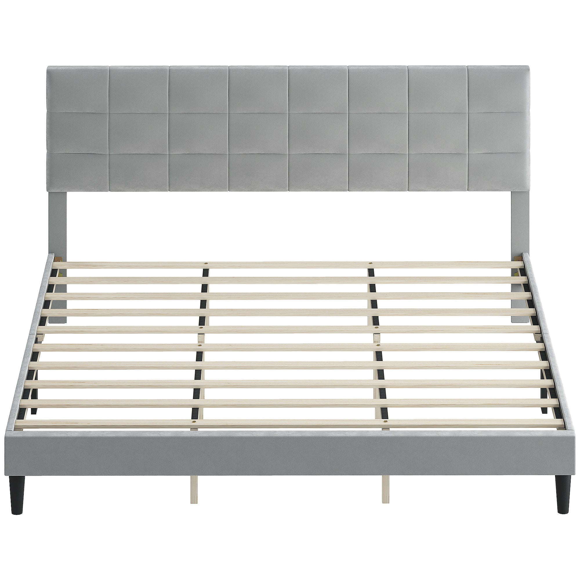 King Size Bed Frame Grey, Upholstered Headboard, 1100 lbs Capacity-DECOROLALA