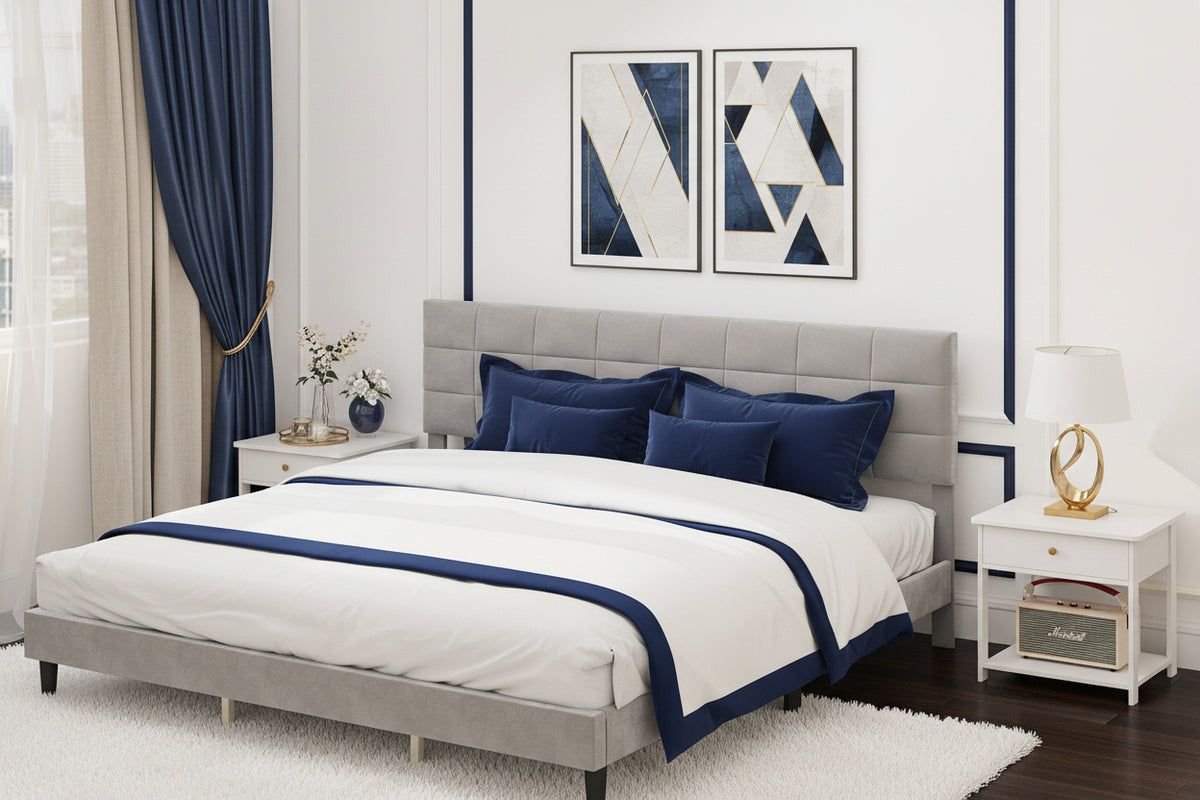 King Size Bed Frame Grey, Upholstered Headboard, 1100 lbs Capacity-DECOROLALA