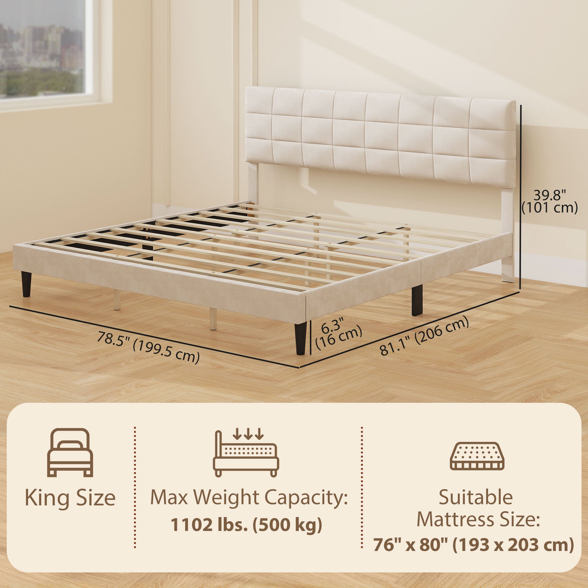 King Size Bed Frame, Upholstered Headboard, Wood Slats, 1100 lbs Cream White-DECOROLALA