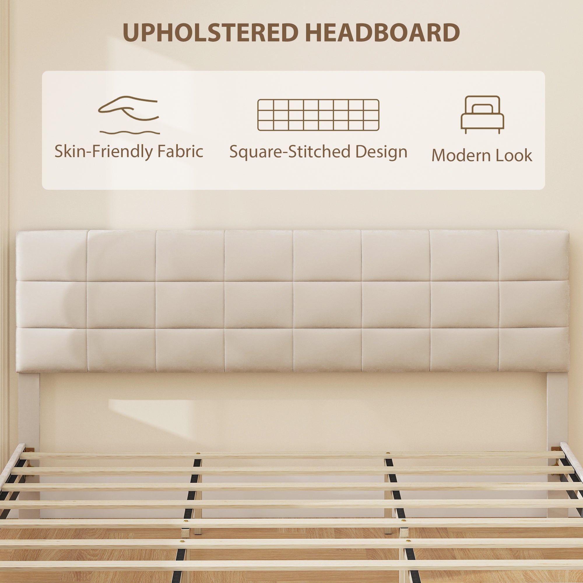 King Size Bed Frame, Upholstered Headboard, Wood Slats, 1100 lbs Cream White-DECOROLALA