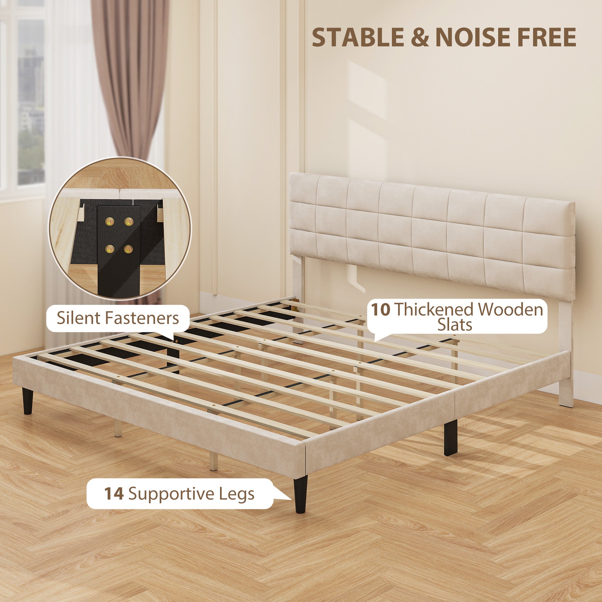King Size Bed Frame, Upholstered Headboard, Wood Slats, 1100 lbs Cream White-DECOROLALA