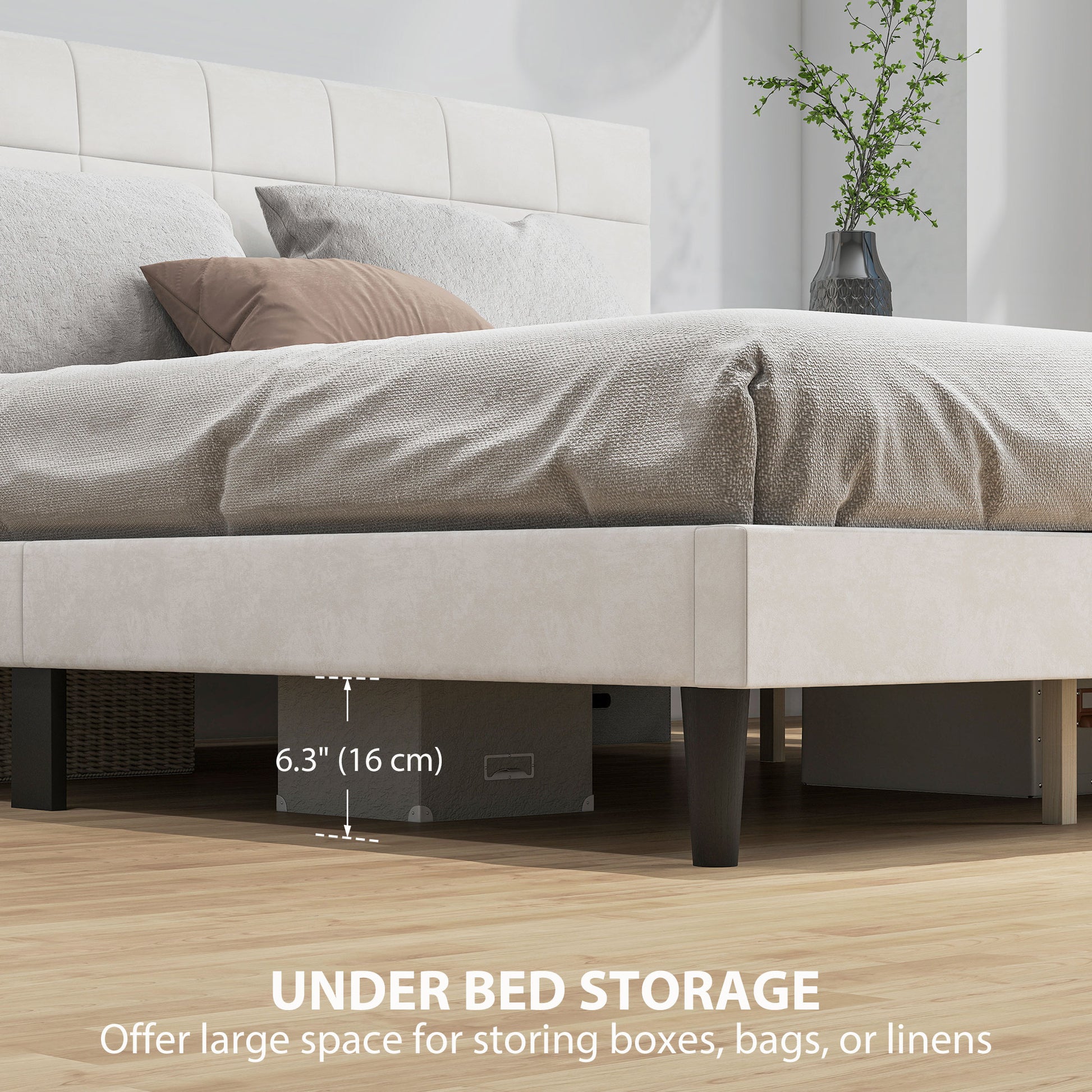 King Size Bed Frame, Upholstered Headboard, Wood Slats, 1100 lbs Cream White-DECOROLALA