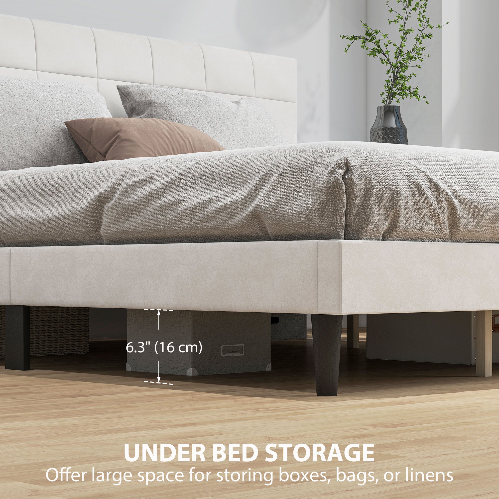 King Size Bed Frame, Upholstered Headboard, Wood Slats, 1100 lbs Cream White-DECOROLALA