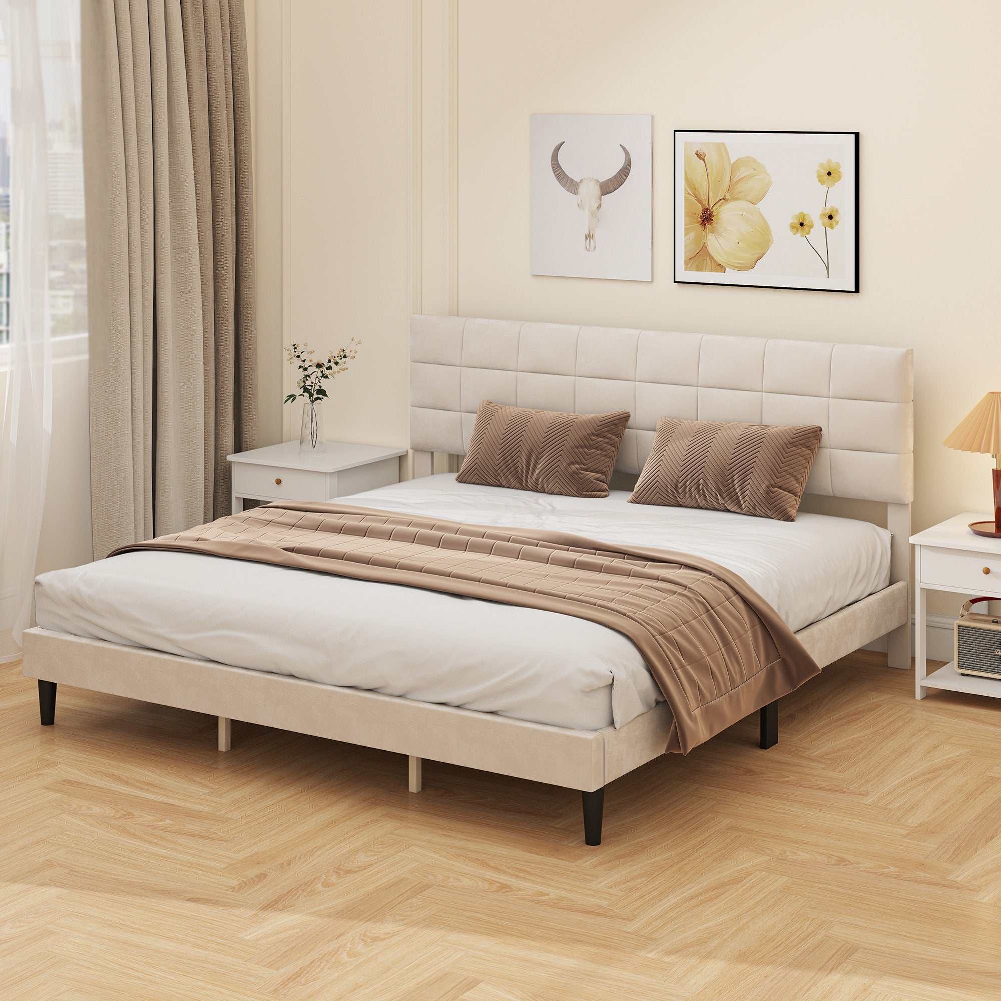 King Size Bed Frame, Upholstered Headboard, Wood Slats, 1100 lbs Cream White-DECOROLALA