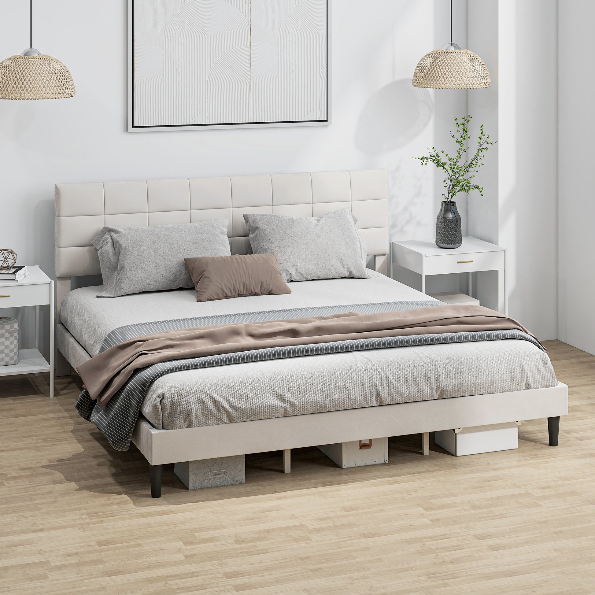 King Size Bed Frame, Upholstered Headboard, Wood Slats, 1100 lbs Cream White-DECOROLALA