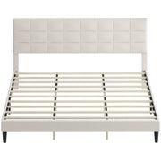 King Size Bed Frame, Upholstered Headboard, Wood Slats, 1100 lbs Cream White-DECOROLALA