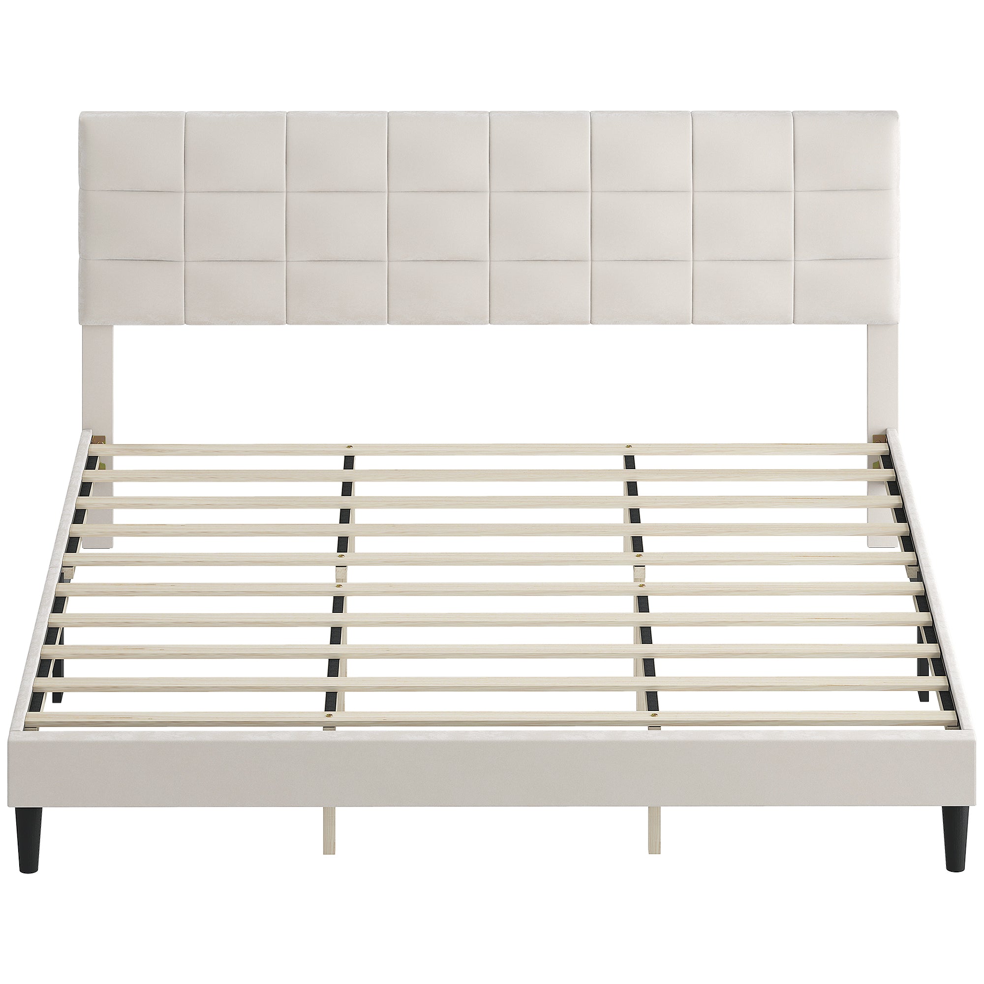 King Size Bed Frame, Upholstered Headboard, Wood Slats, 1100 lbs Cream White-DECOROLALA