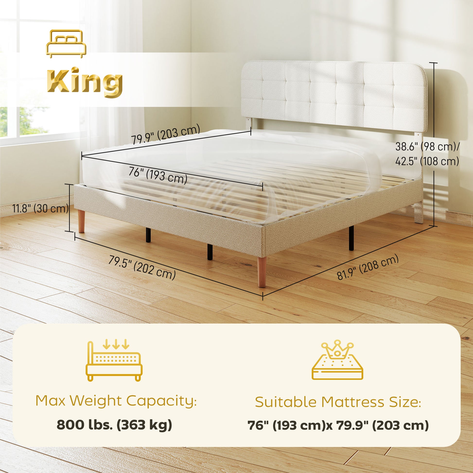 King Size Bed Frame - White, Noise Free Adjustable Headboard, Upholstered Platform-DECOROLALA