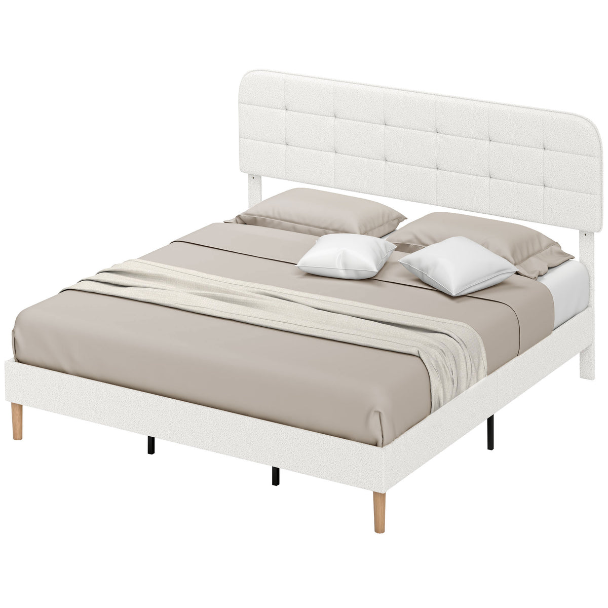 King Size Bed Frame - White, Noise Free Adjustable Headboard, Upholstered Platform-DECOROLALA