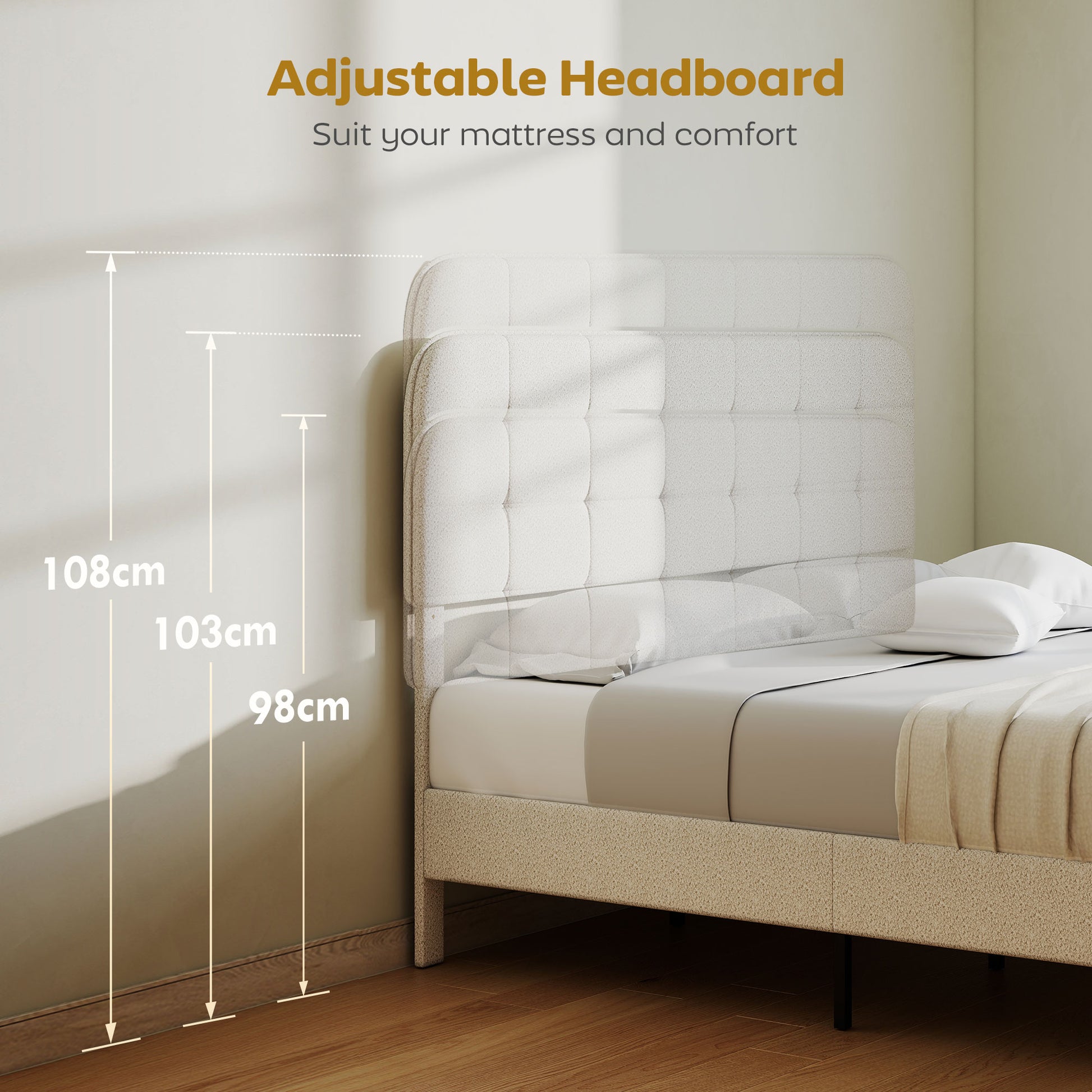 King Size Bed Frame - White, Noise Free Adjustable Headboard, Upholstered Platform-DECOROLALA