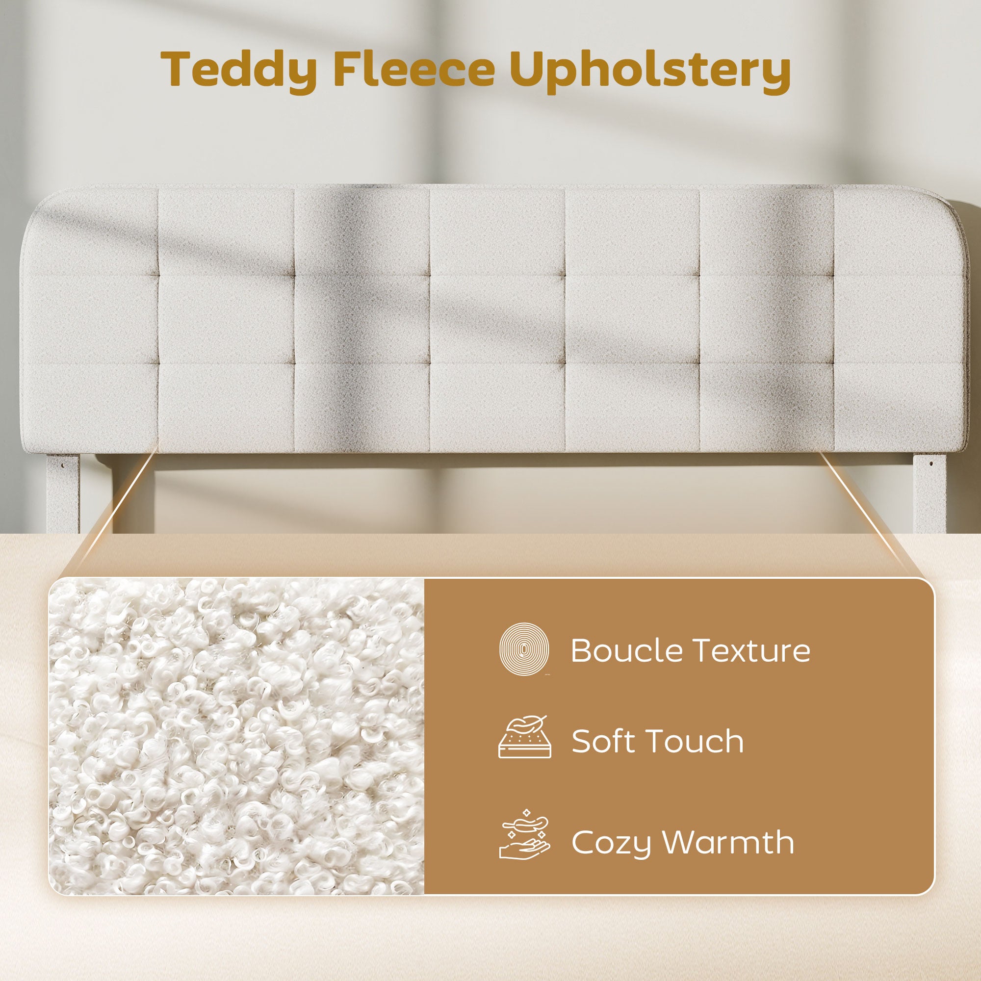 King Size Bed Frame - White, Noise Free Adjustable Headboard, Upholstered Platform-DECOROLALA