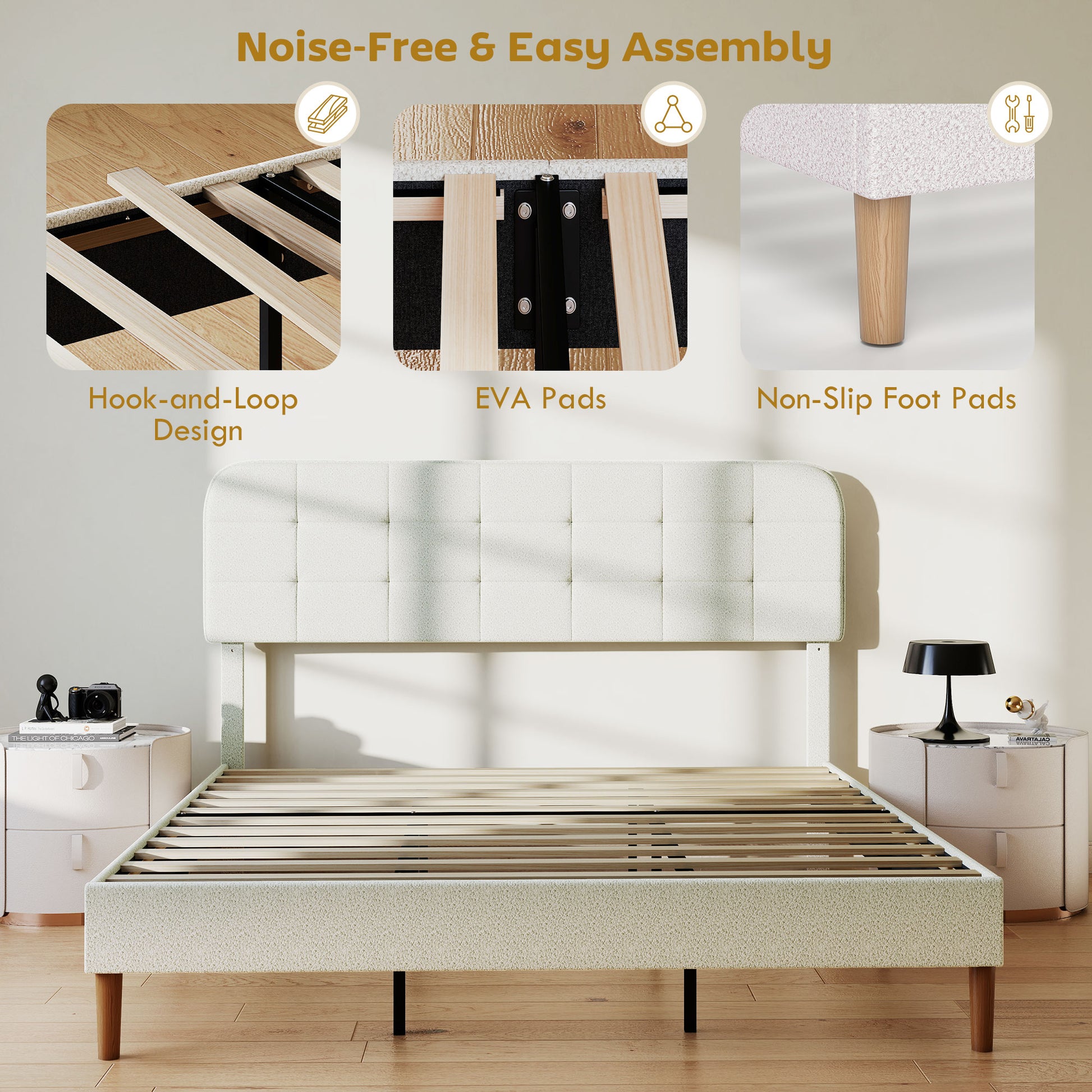 King Size Bed Frame - White, Noise Free Adjustable Headboard, Upholstered Platform-DECOROLALA