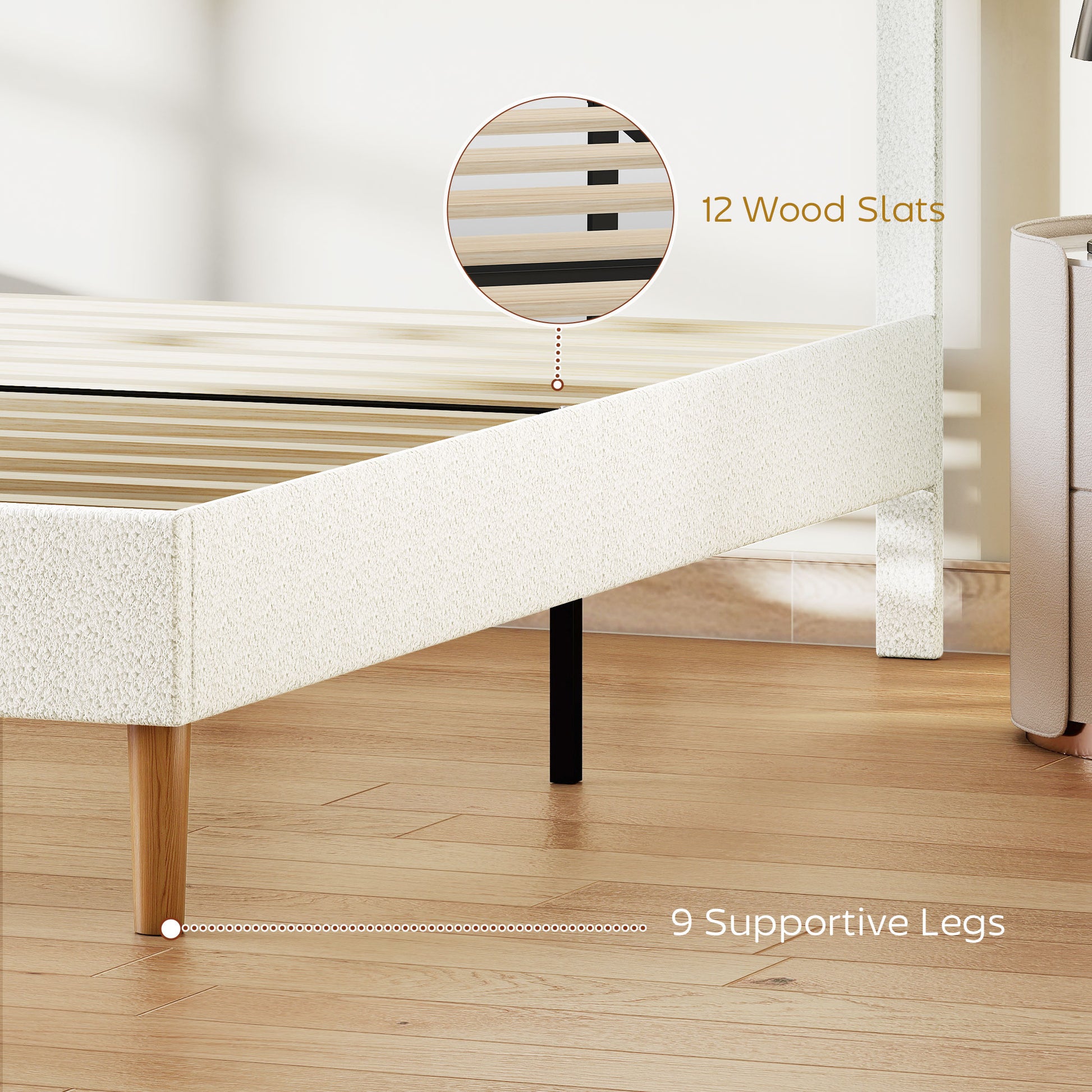 King Size Bed Frame - White, Noise Free Adjustable Headboard, Upholstered Platform-DECOROLALA