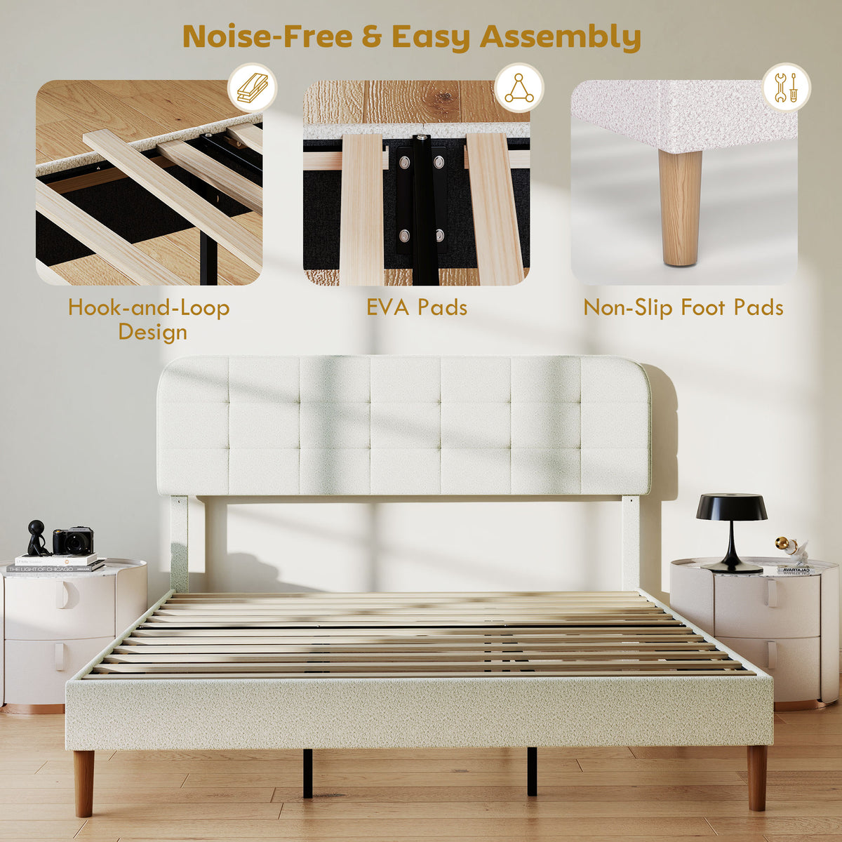 King Size Bed Frame - White, Noise Free Adjustable Headboard, Upholstered Platform-DECOROLALA