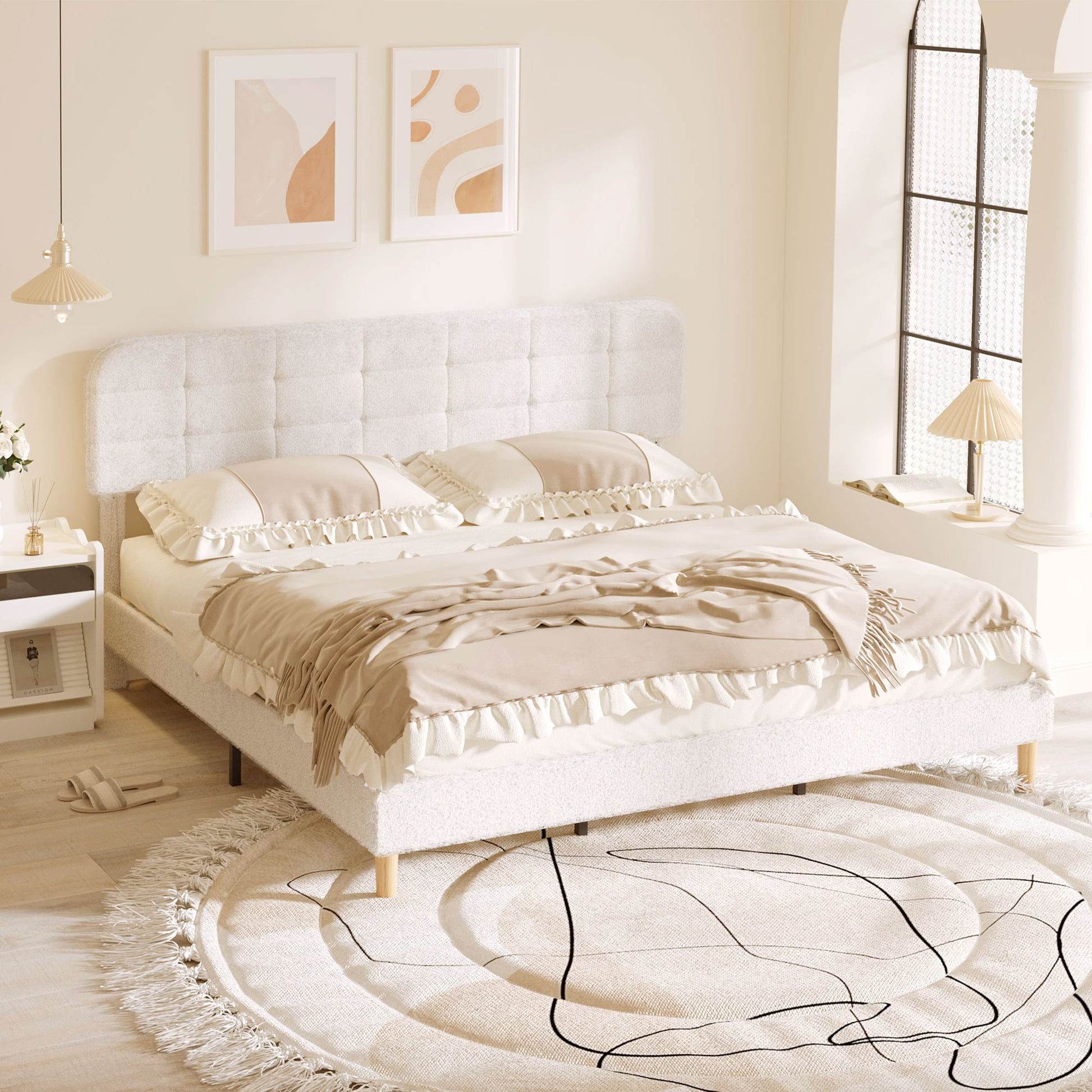 King Size Bed Frame - White, Noise Free Adjustable Headboard, Upholstered Platform-DECOROLALA