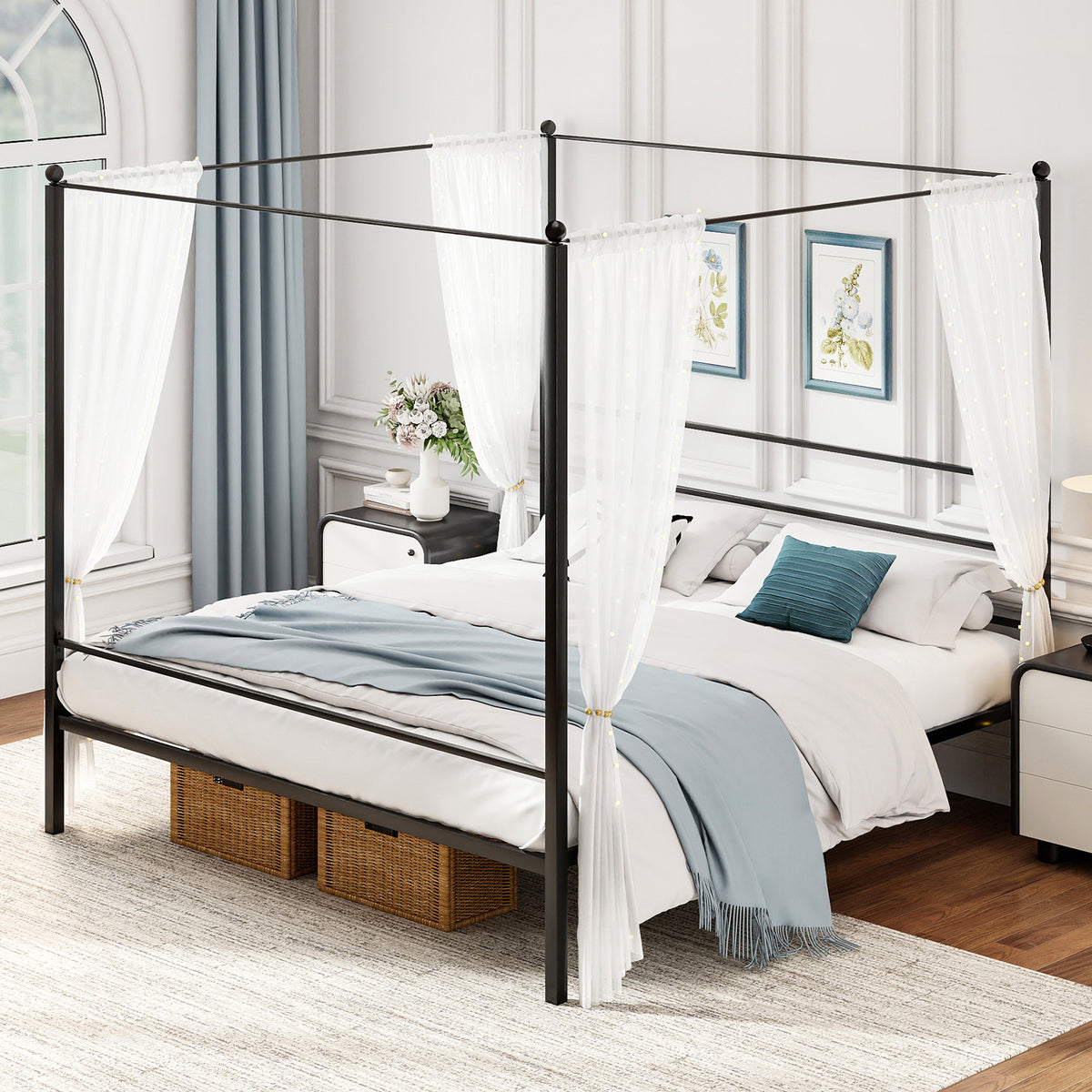 King Size Metal Canopy Bed Frame with Slat Support-Simple Bed Frame-DECOROLALA