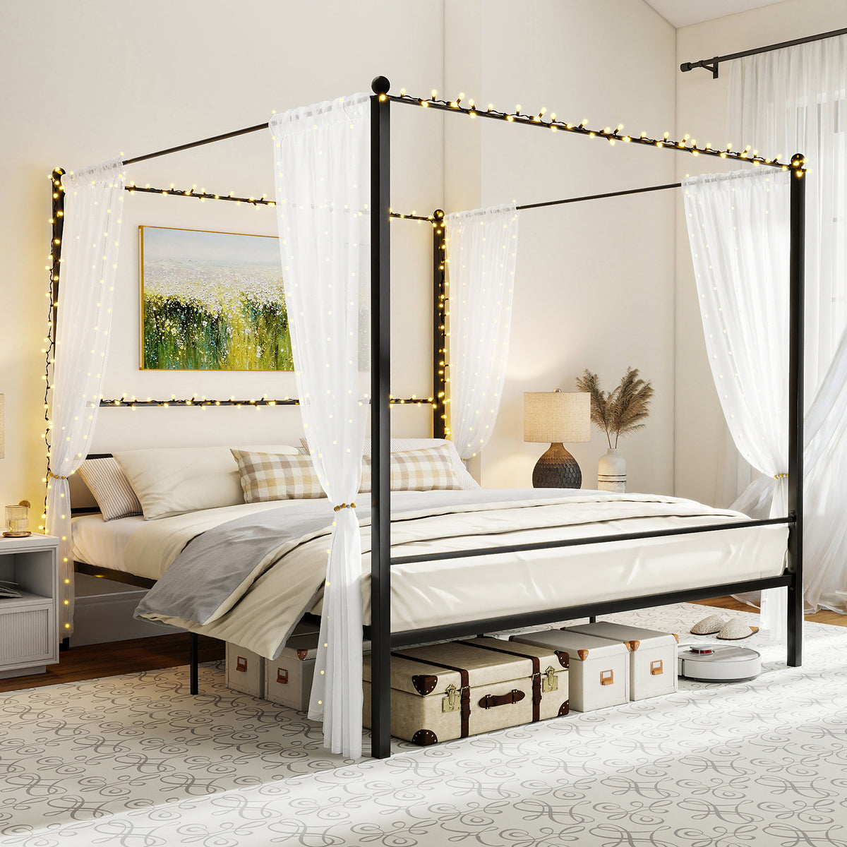 King Size Metal Canopy Bed Frame with Slat Support-Simple Bed Frame-DECOROLALA