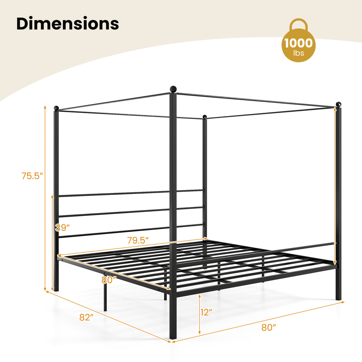 King Size Metal Canopy Bed Frame with Slat Support-Simple Bed Frame-DECOROLALA