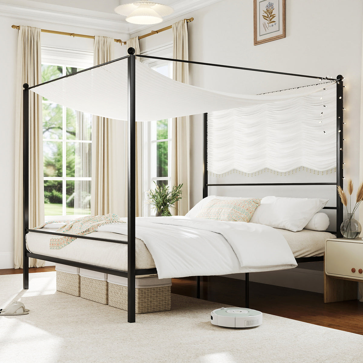King Size Metal Canopy Bed Frame with Slat Support-Simple Bed Frame-DECOROLALA