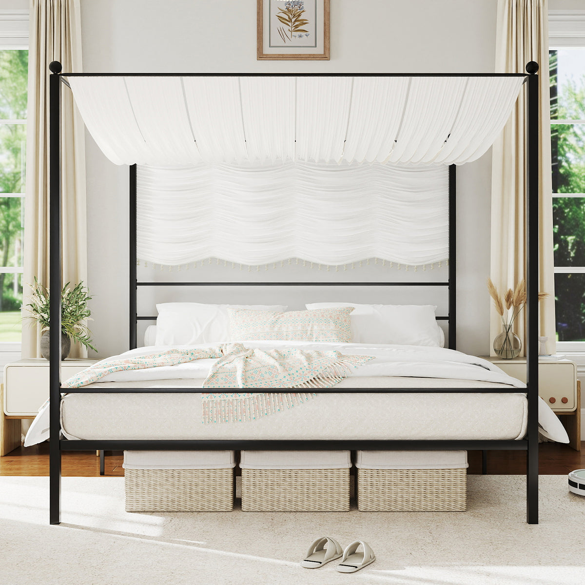 King Size Metal Canopy Bed Frame with Slat Support-Simple Bed Frame-DECOROLALA