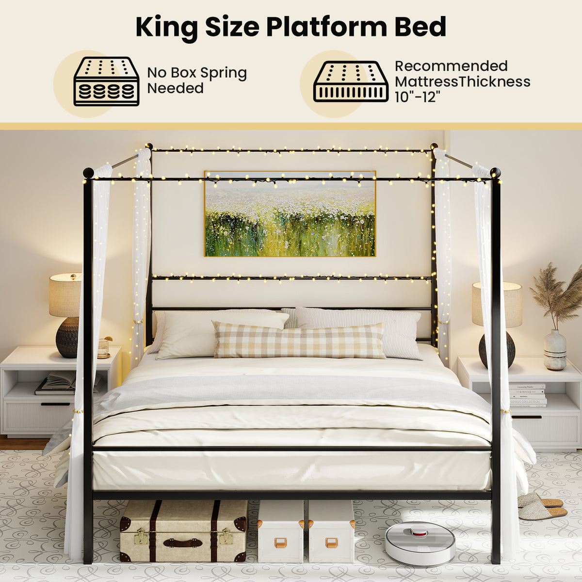 King Size Metal Canopy Bed Frame with Slat Support-Simple Bed Frame-DECOROLALA