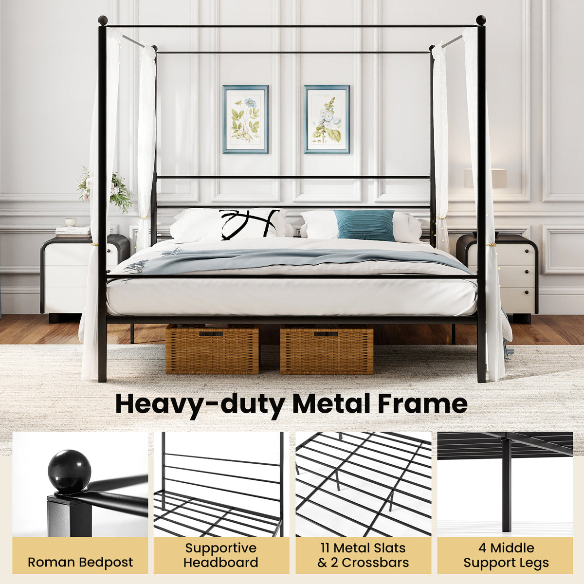 King Size Metal Canopy Bed Frame with Slat Support-Simple Bed Frame-DECOROLALA
