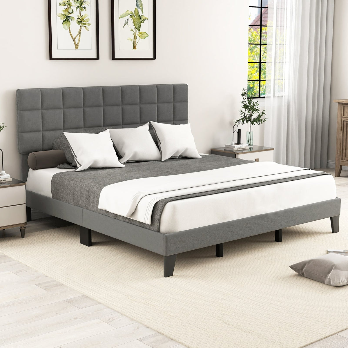 King Size Modern Linen Bed Frame with Adjustable Headboard-Gray-Simple Bed Frame-DECOROLALA