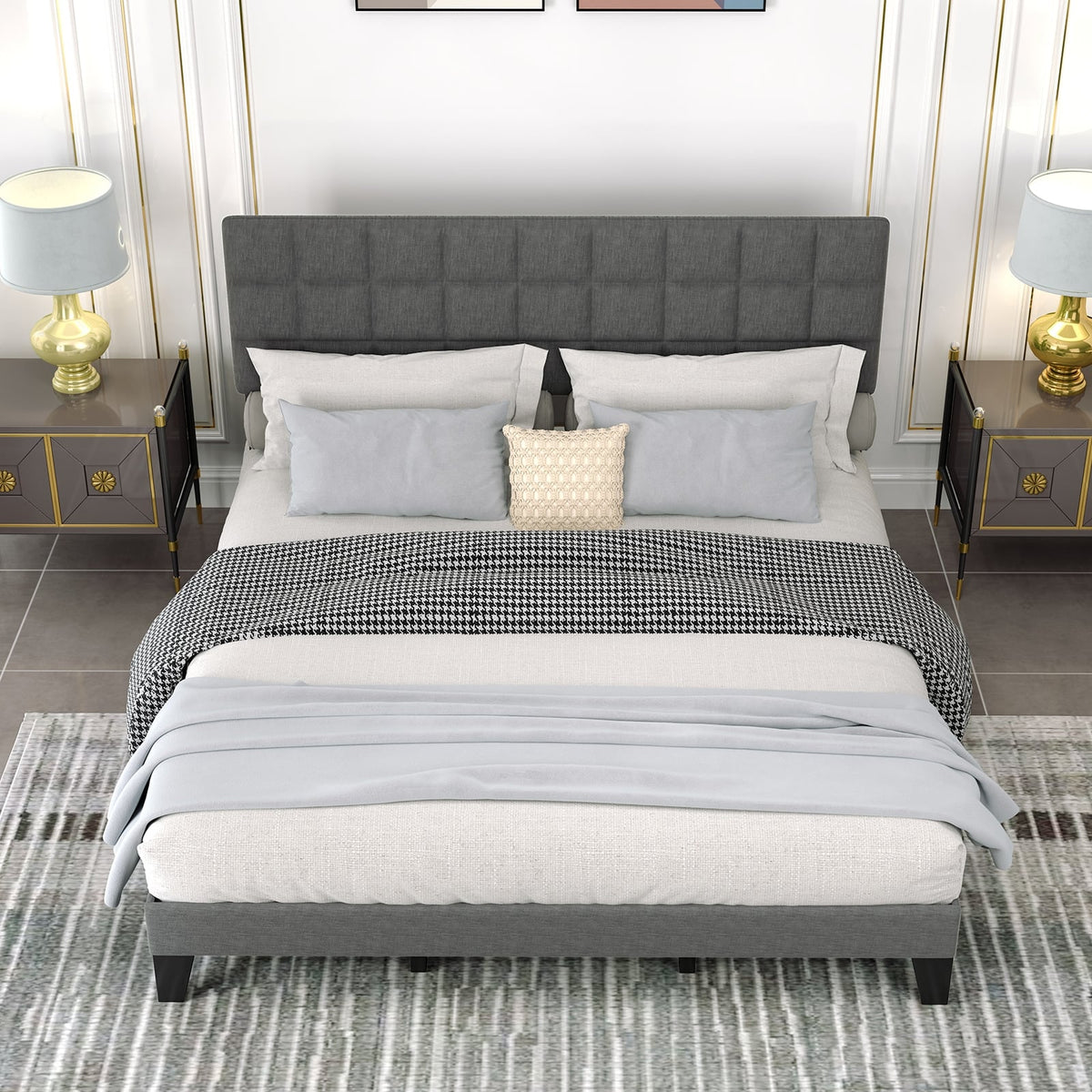 King Size Modern Linen Bed Frame with Adjustable Headboard-Gray-Simple Bed Frame-DECOROLALA