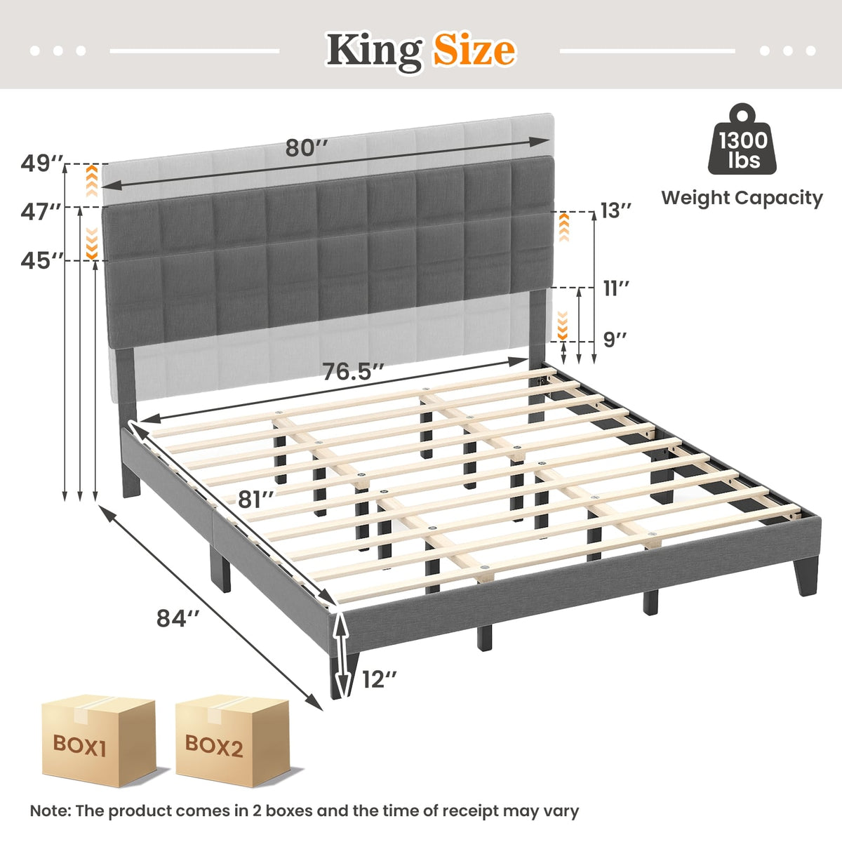 King Size Modern Linen Bed Frame with Adjustable Headboard-Gray-Simple Bed Frame-DECOROLALA